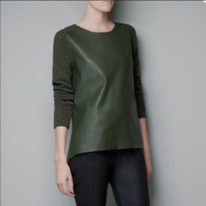 Zara knit szM vegan leather olive green sweater top